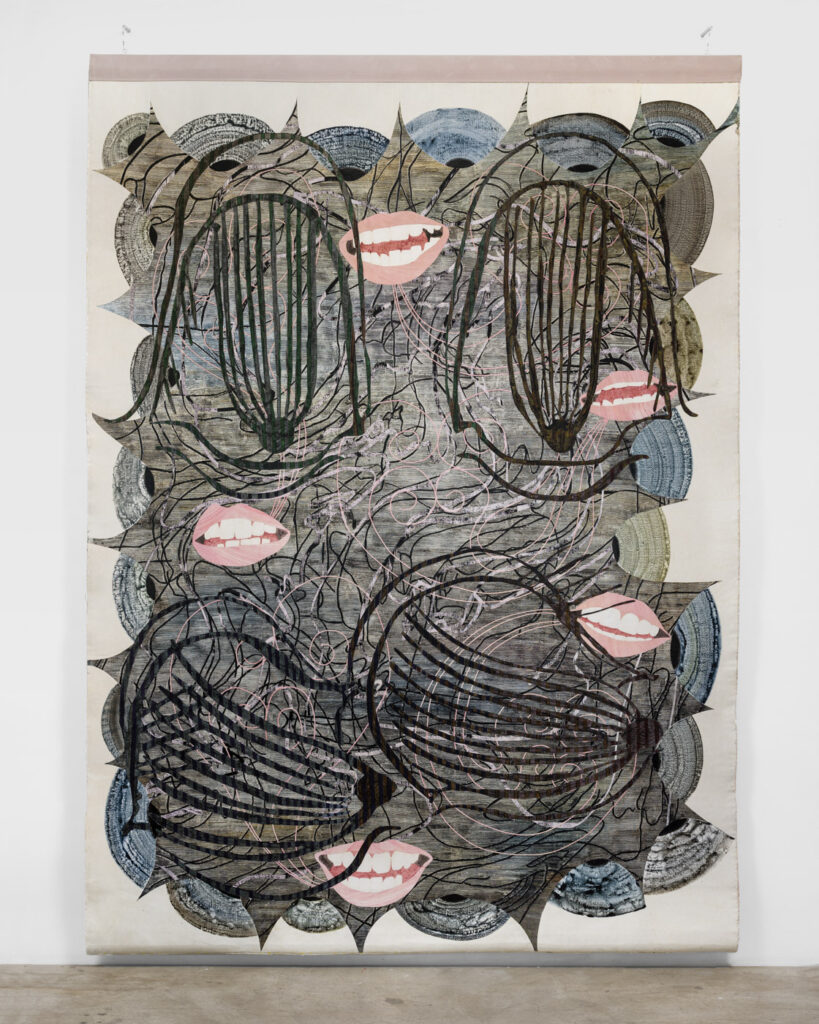 Large hanging painting by Helen Johnson featuring neutral-colored biomorphic forms and graphic mouths with teeth