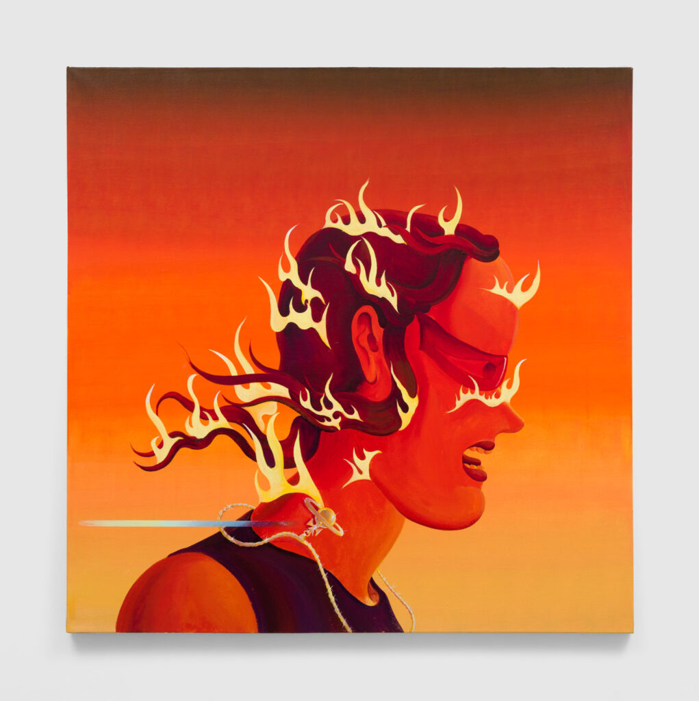 Red and orange portrait of a person in profile of a person on fire by Jonny Negron